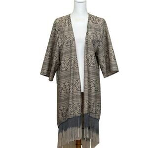 Spoon Jeans fringed kimono, tan/green, large, bohemian, tribal, artsy, earthy